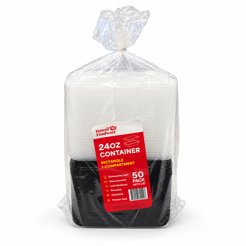 [Hawaii Foodware] 24 oz Microwavable Rectangular Food Containers with Lids, Black,  50 Sets