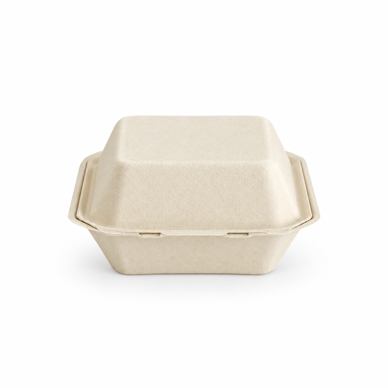 [Abide Hawaii] 6 × 6 in 1 Compartment Fiber Clamshell Containers (Natural Color), PLA-Lined Base, 50 Count