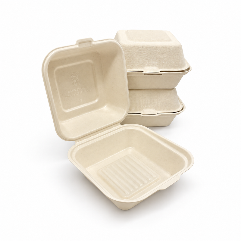 [Abide Hawaii] 6 × 6 in 1 Compartment Fiber Clamshell Containers (Natural Color), PLA-Lined Base, 50 Count
