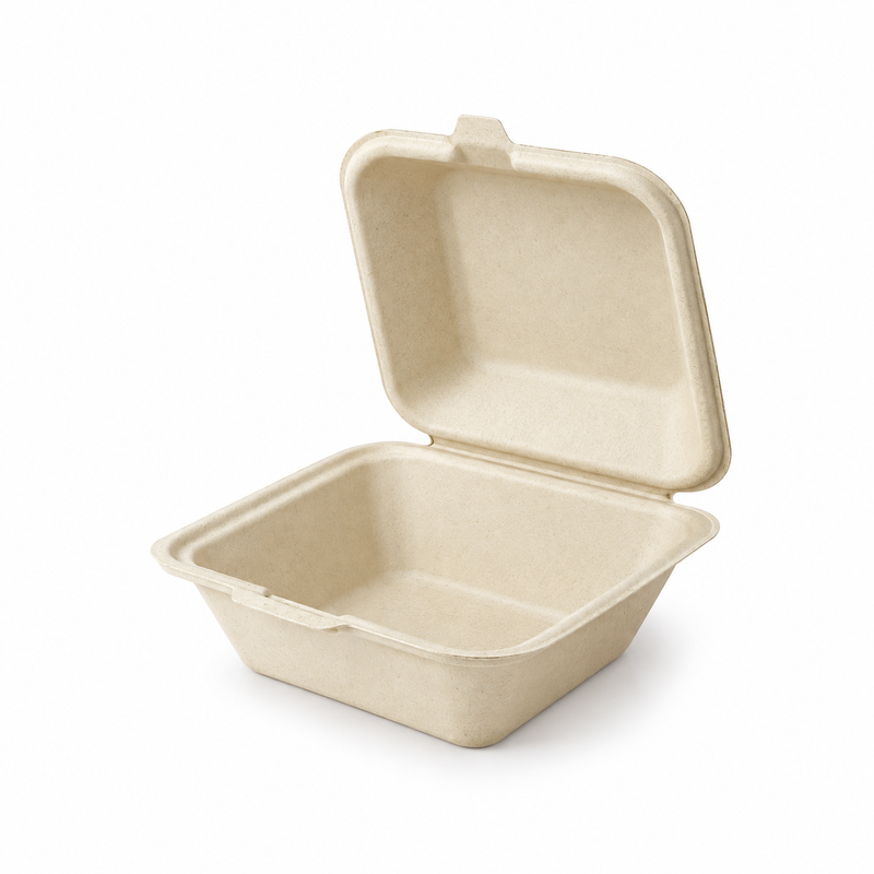 [Abide Hawaii] 6 × 6 in 1 Compartment Fiber Clamshell Containers (Natural Color), PLA-Lined Base, 50 Count