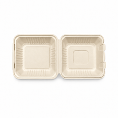 [Abide Hawaii] 8 × 8 in 1 Compartment Fiber Clamshell Containers (Natural Color), PLA-Lined Base, 50 Count