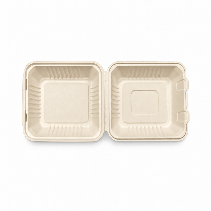 [Abide Hawaii] 8 × 8 in 1 Compartment Fiber Clamshell Containers (Natural Color), PLA-Lined Base, 50 Count