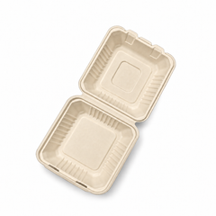 [Abide Hawaii] 8 × 8 in 1 Compartment Fiber Clamshell Containers (Natural Color), PLA-Lined Base, 50 Count
