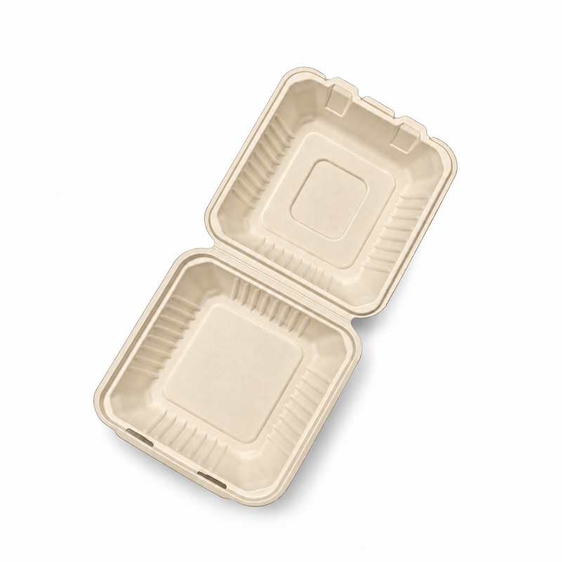[Abide Hawaii] 8 × 8 in 1 Compartment Fiber Clamshell Containers (Natural Color), PLA-Lined Base, 50 Count