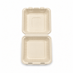 [Abide Hawaii] 8 × 8 in 1 Compartment Fiber Clamshell Containers (Natural Color), PLA-Lined Base, 50 Count