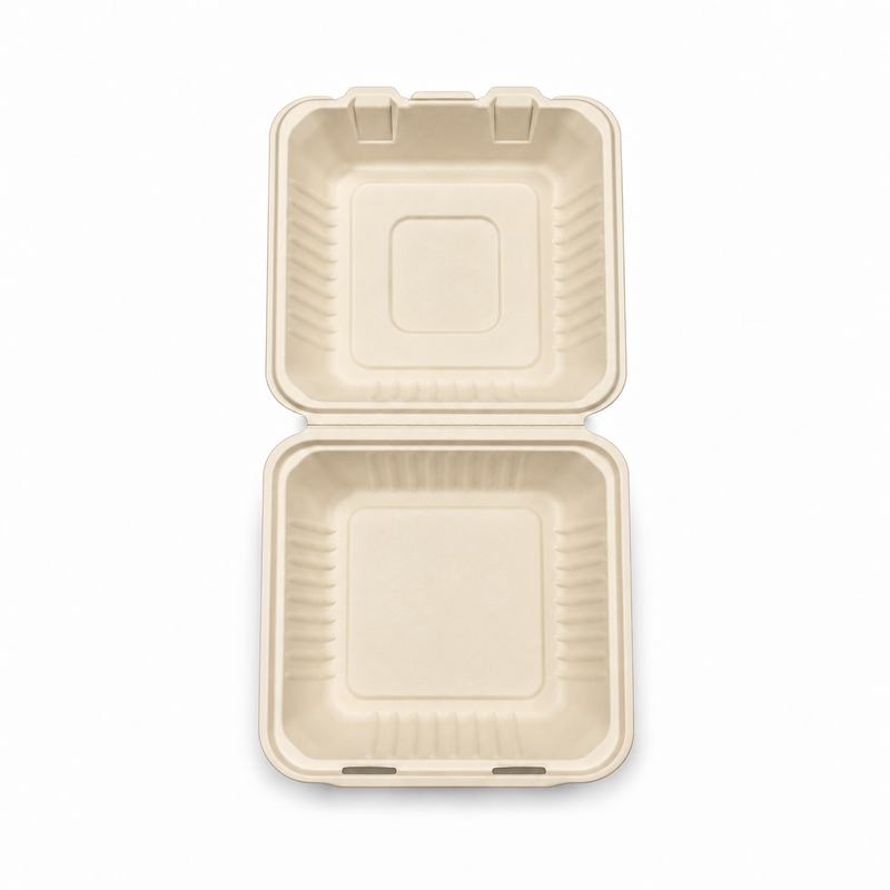[Abide Hawaii] 8 × 8 in 1 Compartment Fiber Clamshell Containers (Natural Color), PLA-Lined Base, 50 Count