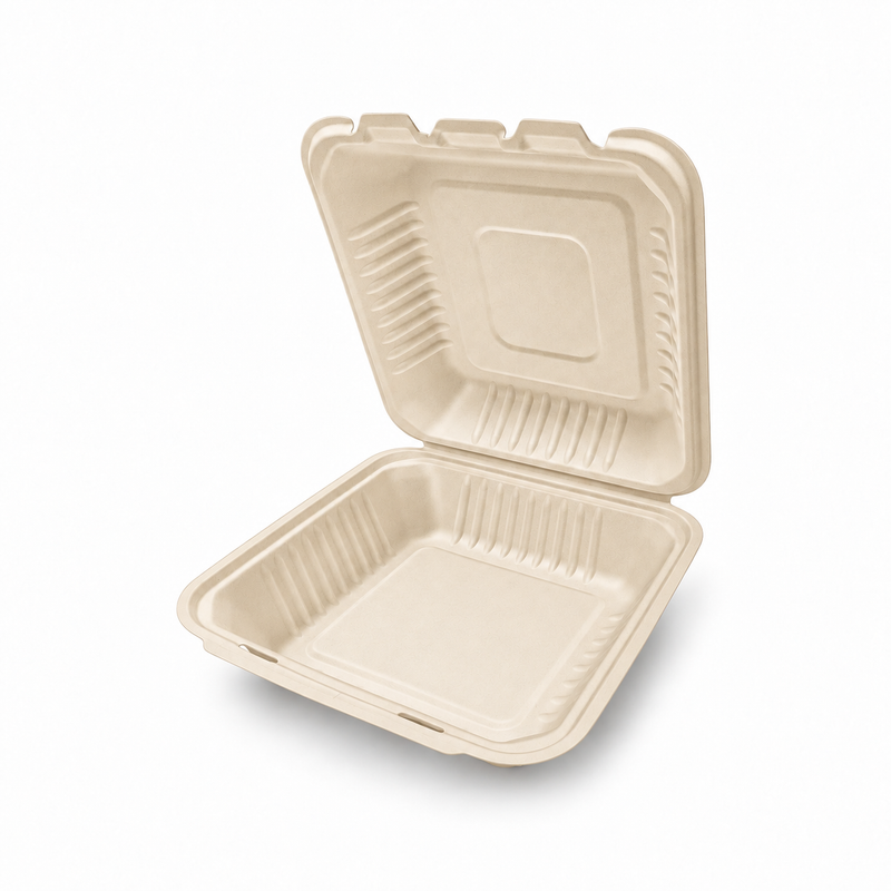 [Abide Hawaii] 8 × 8 in 1 Compartment Fiber Clamshell Containers (Natural Color), PLA-Lined Base, 50 Count