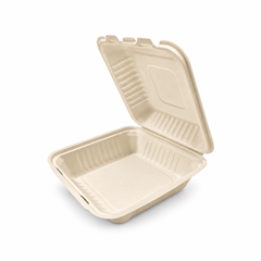 [Abide Hawaii] 8 × 8 in 1 Compartment Fiber Clamshell Containers (Natural Color), PLA-Lined Base, 50 Count