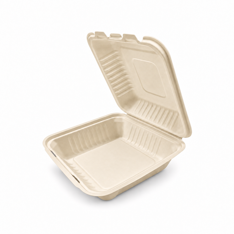 [Abide Hawaii] 8 × 8 in 1 Compartment Fiber Clamshell Containers (Natural Color), PLA-Lined Base, 50 Count