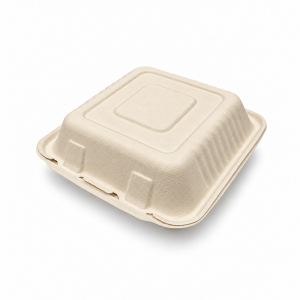 [Abide Hawaii] 8 × 8 in 1 Compartment Fiber Clamshell Containers (Natural Color), PLA-Lined Base, 50 Count