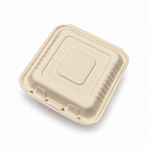 [Abide Hawaii] 8 × 8 in 1 Compartment Fiber Clamshell Containers (Natural Color), PLA-Lined Base, 50 Count