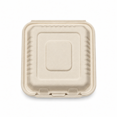 [Abide Hawaii] 8 × 8 in 1 Compartment Fiber Clamshell Containers (Natural Color), PLA-Lined Base, 50 Count