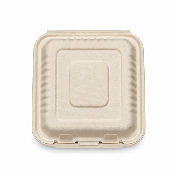 [Abide Hawaii] 8 × 8 in 1 Compartment Fiber Clamshell Containers (Natural Color), PLA-Lined Base, 50 Count