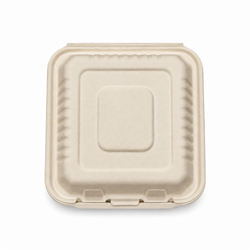 [Abide Hawaii] 8 × 8 in 3 Compartment Fiber Clamshell Containers (Natural Color), PLA-Lined Base, 50 Count