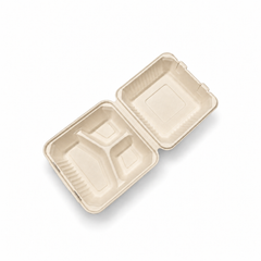 [Abide Hawaii] 8 × 8 in 3 Compartment Fiber Clamshell Containers (Natural Color), PLA-Lined Base, 50 Count