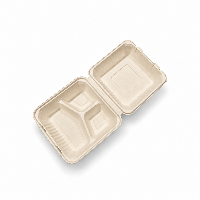 [Abide Hawaii] 8 × 8 in 3 Compartment Fiber Clamshell Containers (Natural Color), PLA-Lined Base, 50 Count