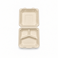 [Abide Hawaii] 8 × 8 in 3 Compartment Fiber Clamshell Containers (Natural Color), PLA-Lined Base, 50 Count