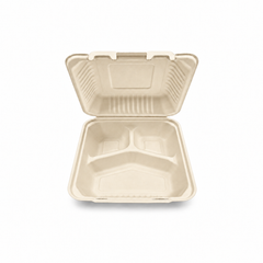 [Abide Hawaii] 8 × 8 in 3 Compartment Fiber Clamshell Containers (Natural Color), PLA-Lined Base, 50 Count