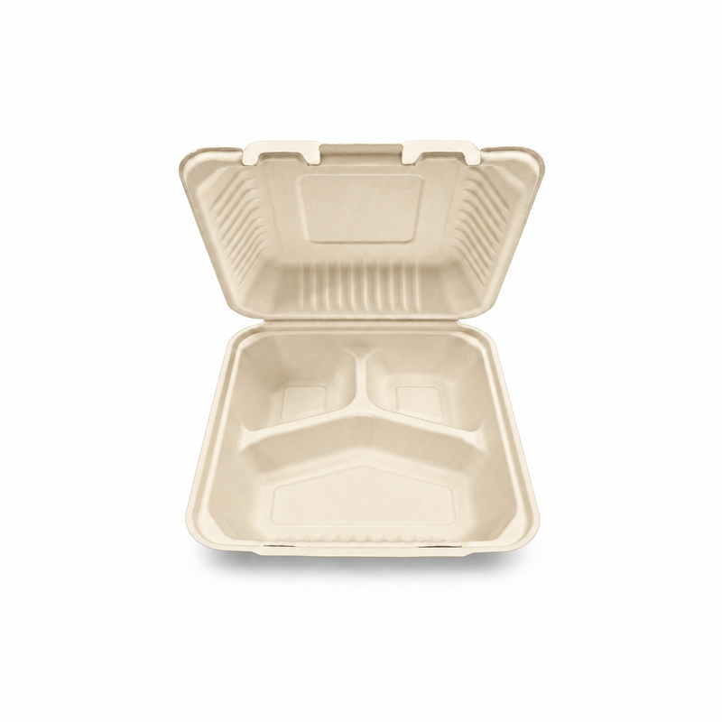[Abide Hawaii] 8 × 8 in 3 Compartment Fiber Clamshell Containers (Natural Color), PLA-Lined Base, 50 Count