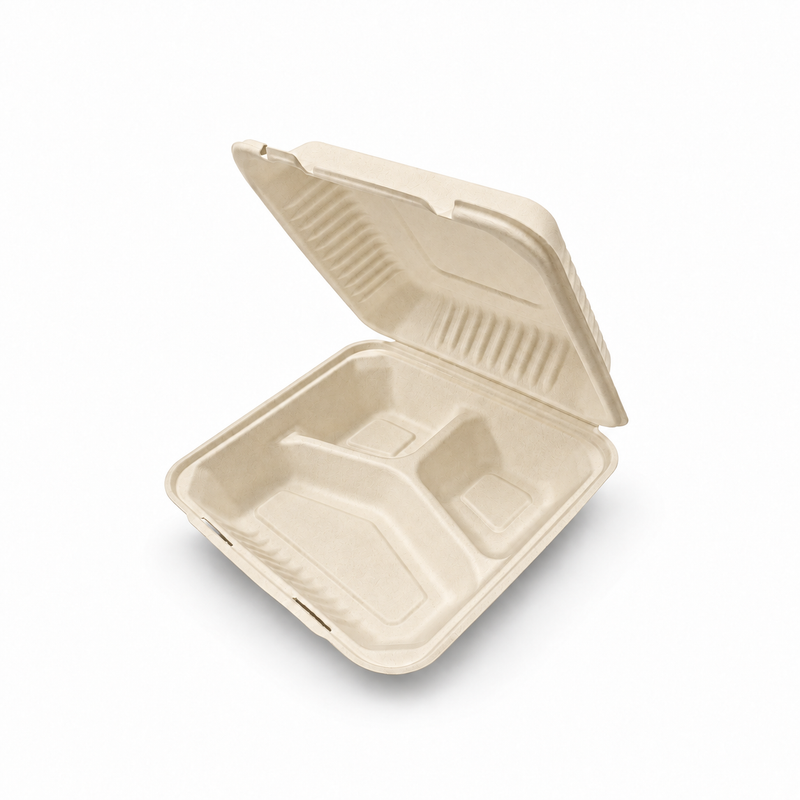 [Abide Hawaii] 8 × 8 in 3 Compartment Fiber Clamshell Containers (Natural Color), PLA-Lined Base, 50 Count