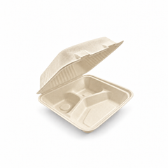 [Abide Hawaii] 8 × 8 in 3 Compartment Fiber Clamshell Containers (Natural Color), PLA-Lined Base, 50 Count