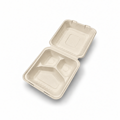 [Abide Hawaii] 8 × 8 in 3 Compartment Fiber Clamshell Containers (Natural Color), PLA-Lined Base, 50 Count