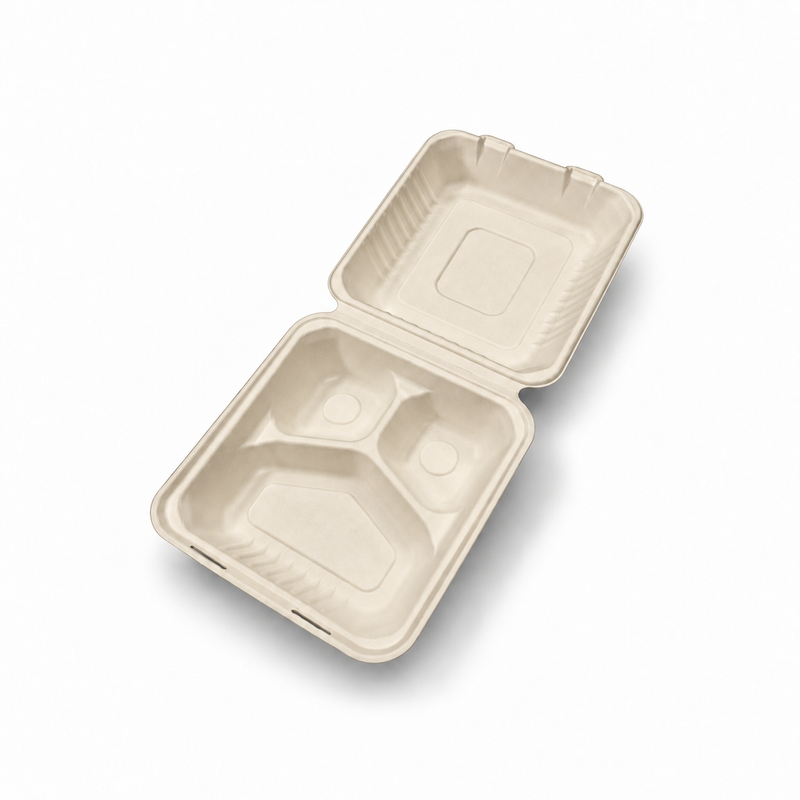 [Abide Hawaii] 8 × 8 in 3 Compartment Fiber Clamshell Containers (Natural Color), PLA-Lined Base, 50 Count