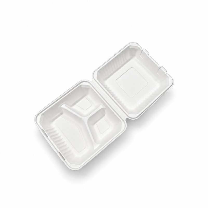 [Abide Hawaii] 8 × 8 in Fiber Clamshell Containers, 3-Compartment, White, 50 Count