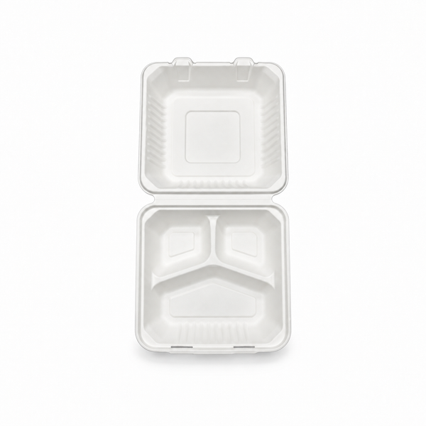 [Abide Hawaii] 8 × 8 in Fiber Clamshell Containers, 3-Compartment, White, 50 Count
