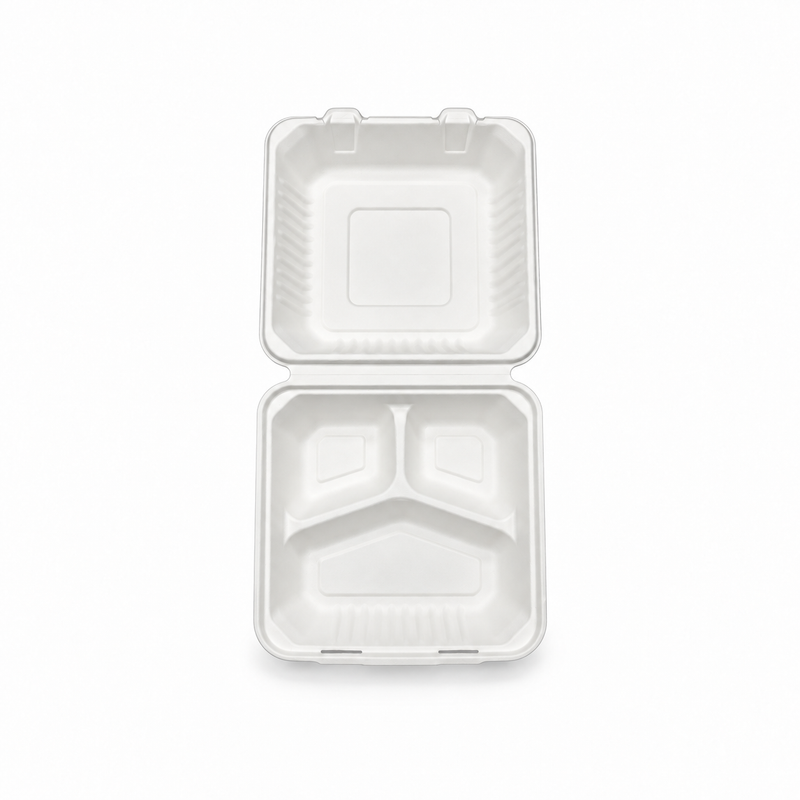 [Abide Hawaii] 8 × 8 in Fiber Clamshell Containers, 3-Compartment, White, 50 Count