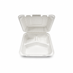 [Abide Hawaii] 8 × 8 in Fiber Clamshell Containers, 3-Compartment, White, 50 Count