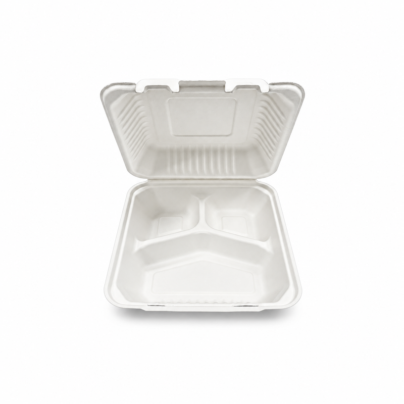 [Abide Hawaii] 8 × 8 in Fiber Clamshell Containers, 3-Compartment, White, 50 Count