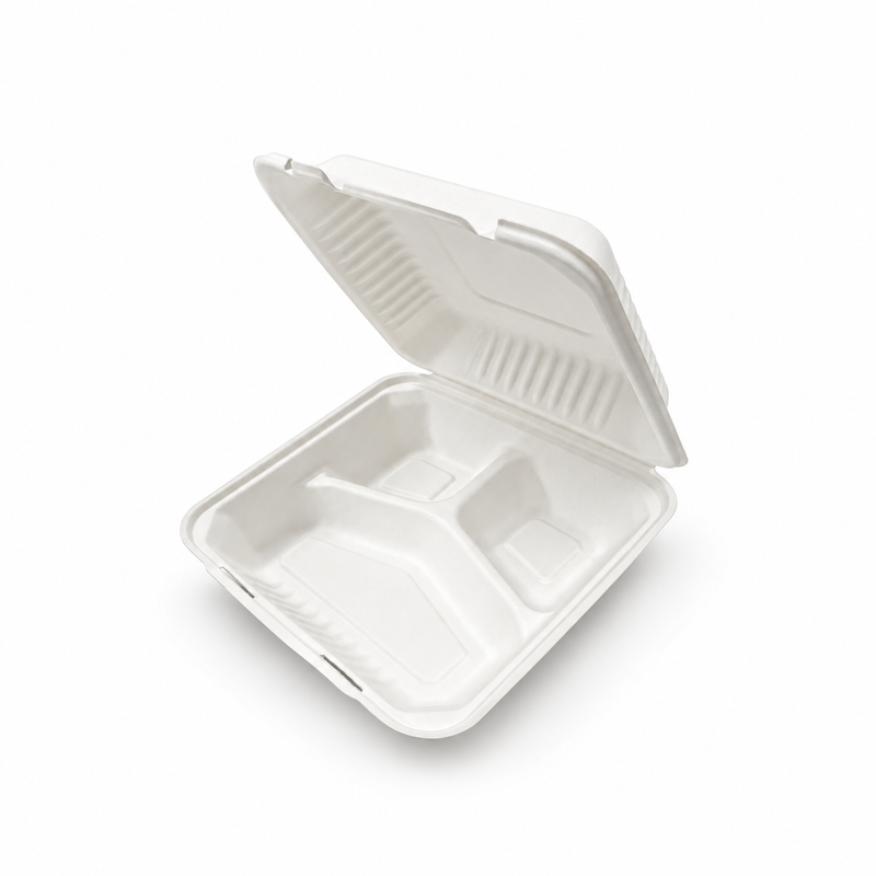 [Abide Hawaii] 8 × 8 in Fiber Clamshell Containers, 3-Compartment, White, 50 Count