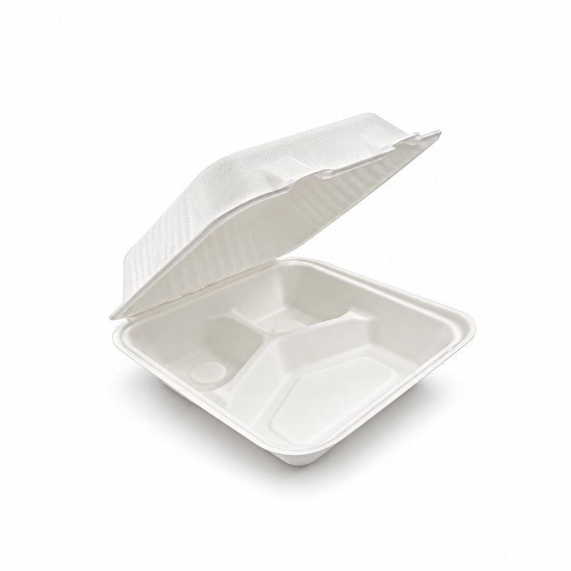 [Abide Hawaii] 8 × 8 in Fiber Clamshell Containers, 3-Compartment, White, 50 Count