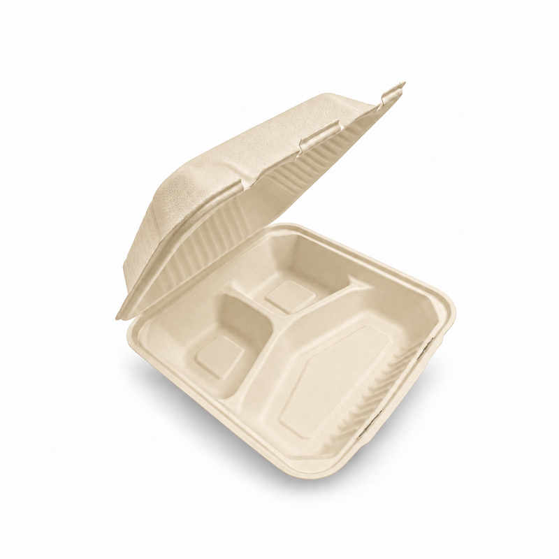 [Abide Hawaii] 8 × 8 in 1 Compartment Fiber Clamshell Containers (Natural Color), PLA-Lined Base, 50 Count