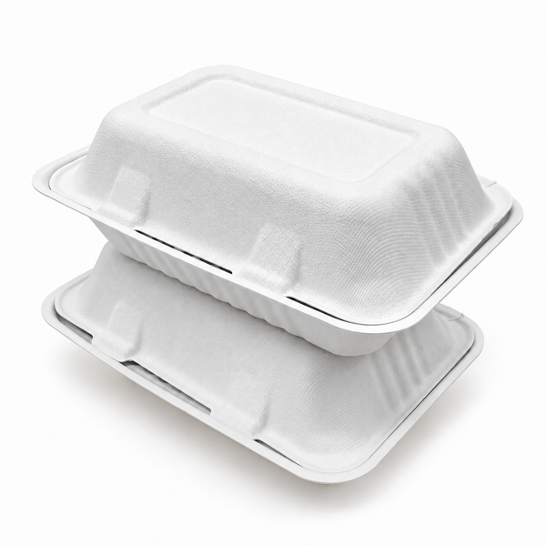 [Abide Hawaii] 9 × 6 in Fiber Clamshell Containers, 1-Compartment, White, 50 Count