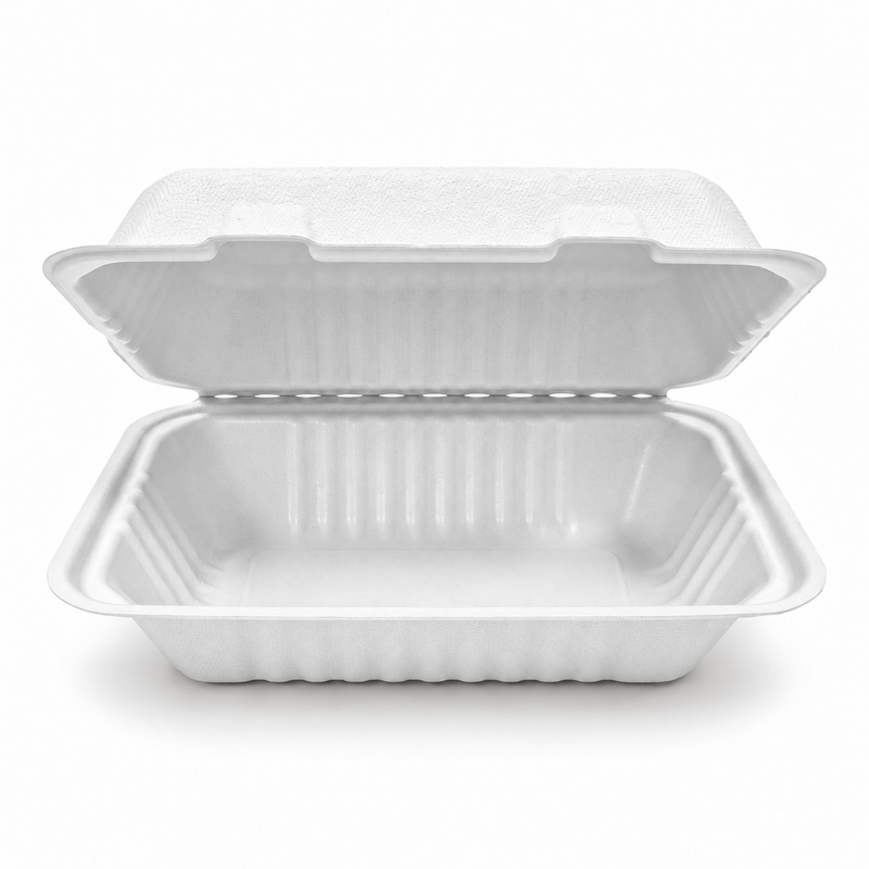 [Abide Hawaii] 9 × 6 in Fiber Clamshell Containers, 1-Compartment, White, 50 Count