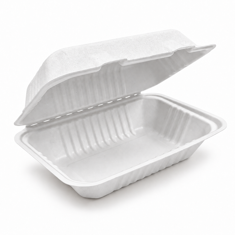 [Abide Hawaii] 9 × 6 in Fiber Clamshell Containers, 1-Compartment, White, 50 Count