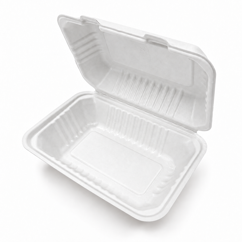 [Abide Hawaii] 9 × 6 in Fiber Clamshell Containers, 1-Compartment, White, 50 Count