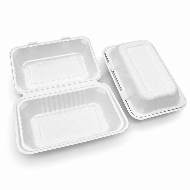 [Abide Hawaii] 9 × 6 in Fiber Clamshell Containers, 1-Compartment, White, 50 Count
