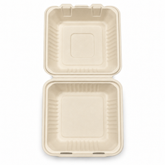 [Abide Hawaii] 9 × 9 in 1 Compartment Fiber Clamshell Containers (Natural Color), PLA-Lined Base, 50 Count