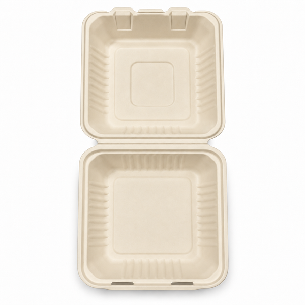 [Abide Hawaii] 9 × 9 in 1 Compartment Fiber Clamshell Containers (Natural Color), PLA-Lined Base, 50 Count