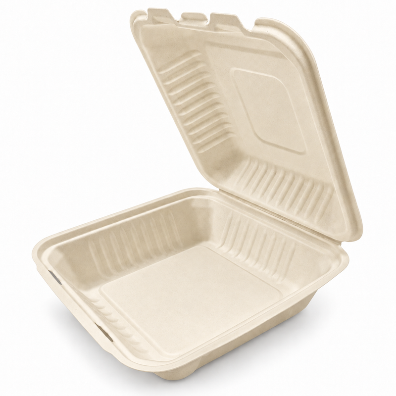 [Abide Hawaii] 9 × 9 in 1 Compartment Fiber Clamshell Containers (Natural Color), PLA-Lined Base, 50 Count