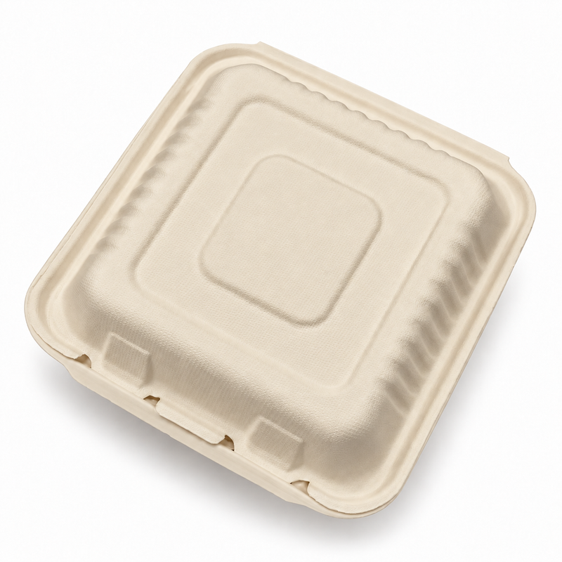 [Abide Hawaii] 9 × 9 in 1 Compartment Fiber Clamshell Containers (Natural Color), PLA-Lined Base, 50 Count