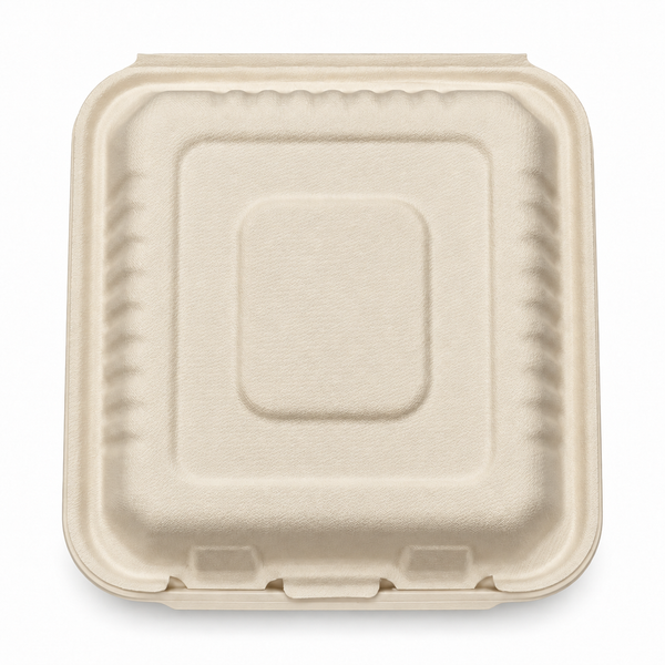 [Abide Hawaii] 9 × 9 in 1 Compartment Fiber Clamshell Containers (Natural Color), PLA-Lined Base, 50 Count