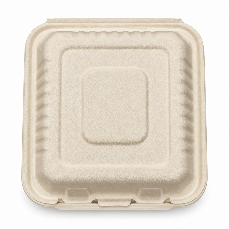 [Abide Hawaii] 9 × 9 in 1 Compartment Fiber Clamshell Containers (Natural Color), PLA-Lined Base, 50 Count