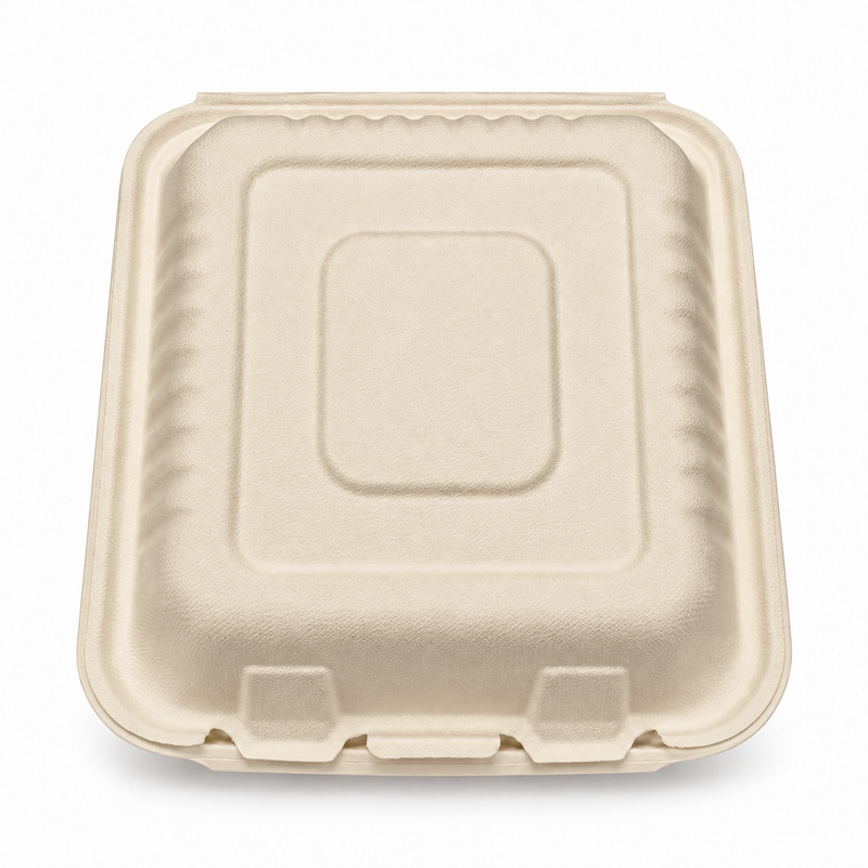 [Abide Hawaii] 9 × 9 in 3 Compartment Fiber Clamshell Containers (Natural Color), PLA-Lined Base, 50 Count
