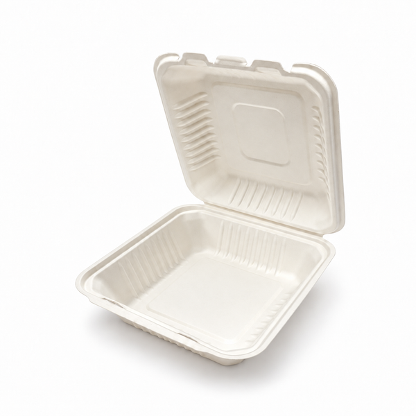 [Abide Hawaii] 9 × 9 in Fiber Clamshell Containers, 1-Compartment, White, 50 Count