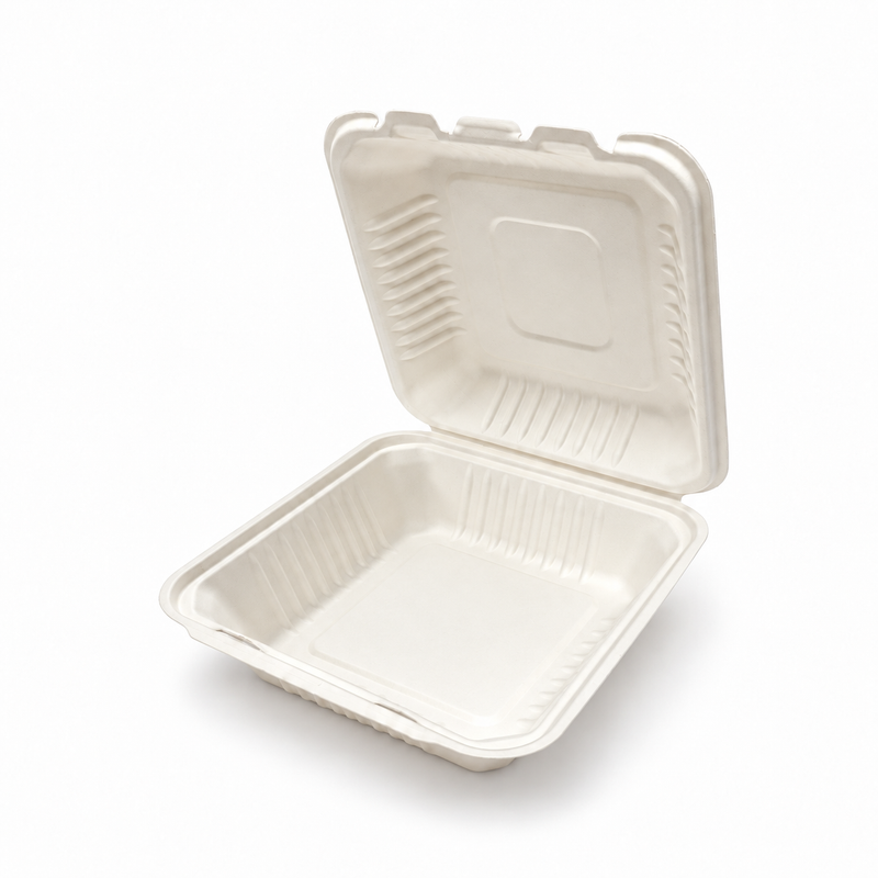 [Abide Hawaii] 9 × 9 in Fiber Clamshell Containers, 1-Compartment, White, 50 Count