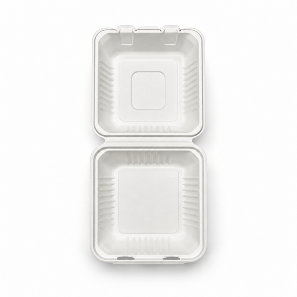 [Abide Hawaii] 9 × 9 in Fiber Clamshell Containers, 1-Compartment, White, 50 Count